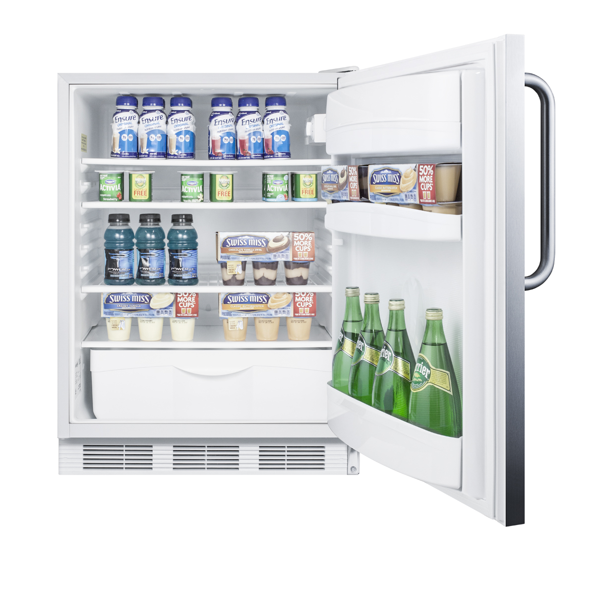 ADA compliant commercial all-refrigerator for freestanding general purpose use, auto defrost with lock, SS wrapped door, towel bar handle, and white cabinet